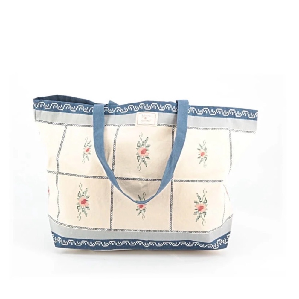 Sezane Canvas Tote Bag - Blue and Cream